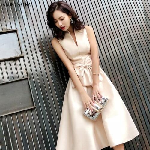 KAUNISSINA Champagne Cocktail Dresses Party Dress Midi Elegant Stand Collar Bowknot Sleevesless A-Line Prom Dress Vestido