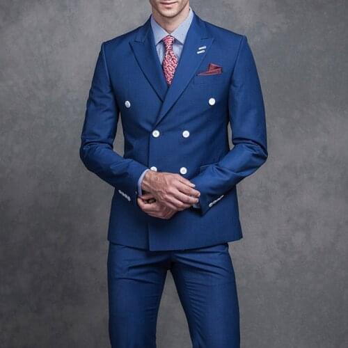 Royal Blue Business Men Suits Double Breasted Peaked Lapel Two Piece Jacket Pants Formal Wedding Groom Tuxedos