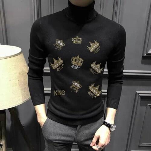 Black White 2021 Oversized Crown 3D Brand Top Hot Diamond Mens Turtleneck Sweater Personality Pullover Cashmere 100% Sweatshirt