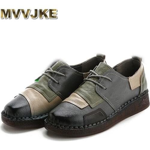 MVVJKE winter womens shoes leather flat shoes plus velvet lace-up work shoes autumn casual comfortable plus size shoes