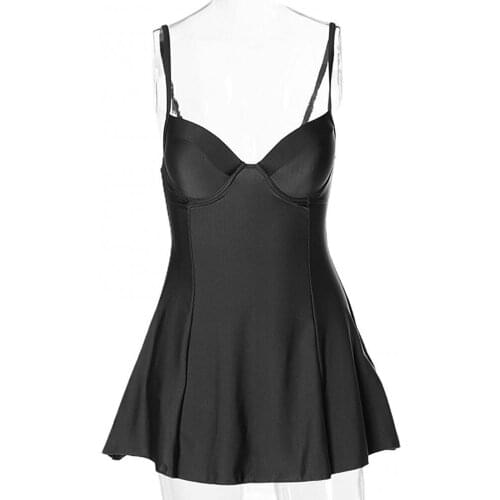 2021 New Summer Simple Sweet Women Summer Solid Color Spaghetti Straps Padded Mini Swimdress Monokini Swimwear for Swimming Pool