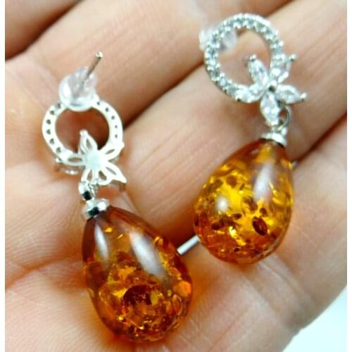 Wholesale Natural Precious Modernist Water drop TEARDROP GOLDEN HONEY PRESSED AMBERS Jewelry making earring Q17