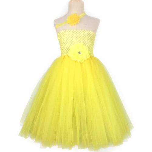 Cute Girls Yellow Flower Long Tutu Dress Kids Fluffy Crochet Tulle Tutus Ball Gown with Headband Children Party Princess Dresses