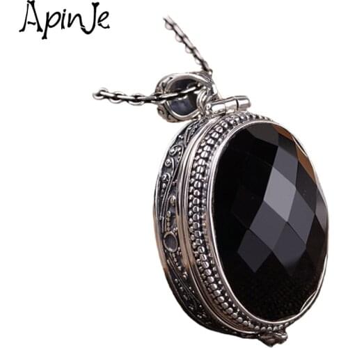 Apinje Stone Pendant 925 Sterling Silver Black Agate Necklace Pendant Men And Women Jewelry Openable Box
