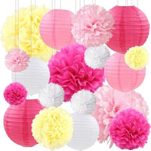 Pink paper lanterns decorative Tissue Paper Flower Pom poms Ball Paper Lanterns 18pcs for Baby Shower Wedding Party Event Deco