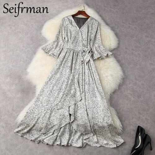 Seifrmann New 2021 Summer Women Fashion Runway Party Long Dress Flare Sleeve Bow Sashes High Waist Ruffles Asymmetrical Dress