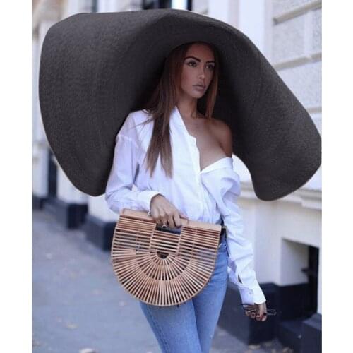 2021 Fashion Super Wide Straw Caps Brim Sun Hat Summer Beach Anti-uv Sun Protection Foldable Black Large Cover Cap Chapeau Femme