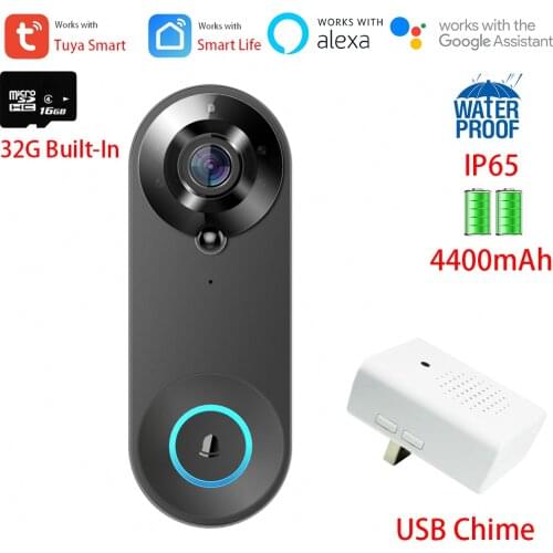 Tuya IP65 1080P Smart WiFi Video Doorbell Camera Alexa Google 4400mAh Rechargeable Battery Built-In with USB Chime 32G Card