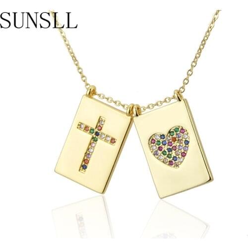 SUNSLL New gold fashion tags necklace mixed cubic zircon cross /heart pendant for women party Square jewelry necklace gifts