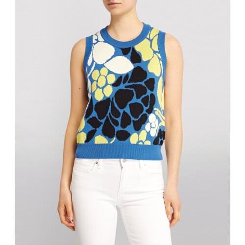 Womens Sweater Knitted Vest,Blue Floral Printed Pattern Round Collar Sleeveless Tops 2021 Autumn New Fashion Casual,S/ M/ L