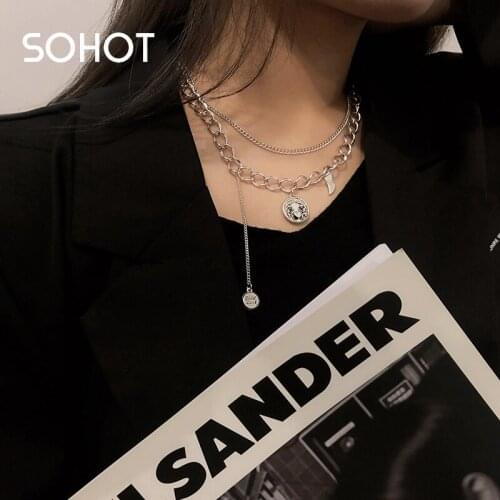 SOHOT Multilayer Long Tassel Necklace Angel Feather Wing Heart Irregular Round Pendant Chain Good Luck Letter Punk Party Gift