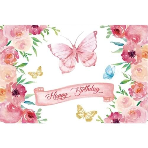 Cherry Pink Flowers and Butterfly Happy Birthday Backdrop Party Room Decor Photo Booth Studio Prop