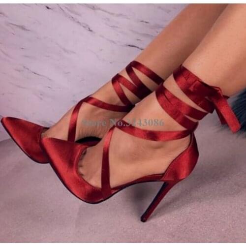 Red Black Yellow Satin Ankle Strap Stiletto Heel Pumps Elegant Cross Tied Ballet Shoes Women Silk Butterfly Knot Heel Pumps