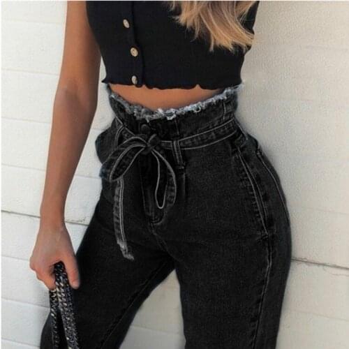 High Waist Black Light Blue Jeans For Women Slim Stretch Denim Jean Bodycon Tassel Belt Bandage Skinny Push Up Jeans Woman