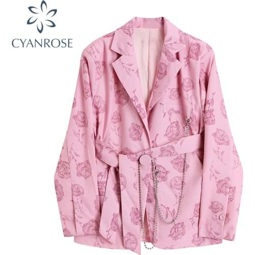 Pink Floral Printing Oversize Womens Blazer High Belt Waist Top Suit Chain Jacket Coat 2020 Autumn Ladies Casual Female Outerwea