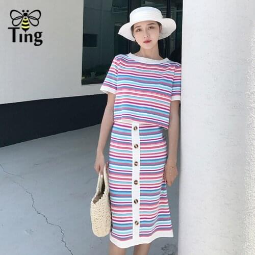 Tingfly Summer Two Pieces Set Women Short Sleeve Striped Knitted Pullover Tops + High Wais Button Skirts Womens Casual Suits
