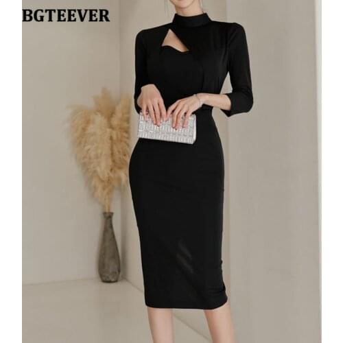 BGTEEVER Chic Stand Collar Hollow Out Women Pencil Dress Elegant OL Style Slim Waist Bodycon Midi Vestidos Femme 2021 Spring