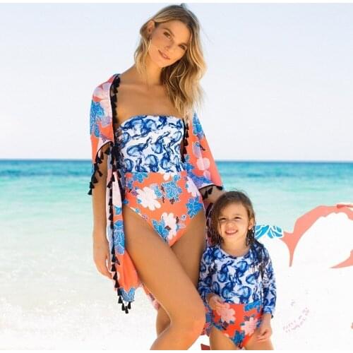 Bandeau Bikini Women 2021 Swimwear Baby Swimsuit Mother Daughter Print Bikini Set Long Sleeve Bathing Suit Female Beach Biquini