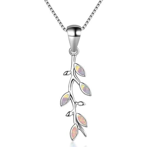 Boho Female Big Leaf Pendants Necklaces Fashion Silver Color White Blue Opal Necklaces For Women Vintage Wedding Jewelry