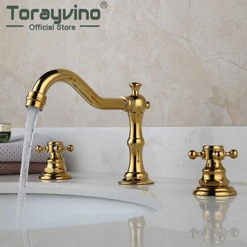 Torayvino Bathroom Bathtub Retro Spout Golden Polished 3 Pieces Basin Sink Brass Faucets Deck Mounted Cold & Hot Water Mixer Tap