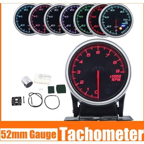 52MM Tachometer 0-9000 RPM 7 Color Backlight Tachometer Meter Smoke Lens Stepper Motor 12V 2 Inch Racing Meter