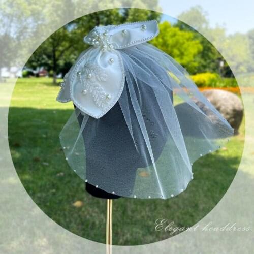 Handmade White Bow-Knot Bridal Birdcage Veil Charming Women Headpiece Pearls Riborn Headbands Women Hairband Wedding Accessories