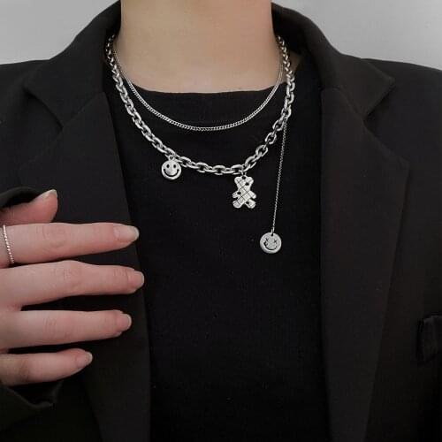 Korea Titanium Steel Double Layer Cute Bear Necklace Male and Female Personality Smiley Face Pendant Fashion Short Jumper Chain