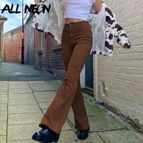 ALLNeon Indie Aesthetics Slim Brown Flare Jeans Y2K Vintage Solid High Waist Moms Pants 90s Fashion Denim Trousers E-girl Outfit