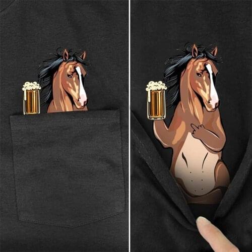 CLOOCL T-Shirt Summer Pocket Beer Horse Printed T-shirt Men for Women Shirts Tops Funny Cotton Black Tees