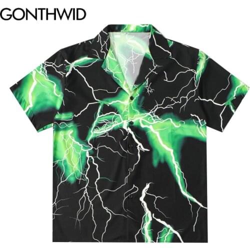 GONTHWID Hawaiian Beach Shirts Streetwear Lightning Print Shirt Streetwear Hip Hop Fashion Harajuku Casual Aloha Tropical Tops