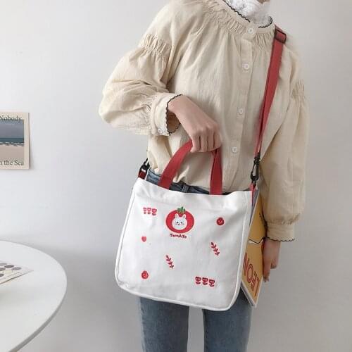 Women Canvas Bag Cute Embroidery Shoulder Bags Cotton Cloth Handbag Tote Small Crossbody Messenger Bags Girls Zipper Purses
