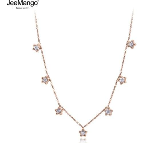 JeeMango Trendy Bohemia Stainless Steel CZ Crystal Love Star Choker Necklaces For Women Girl Chic Charm Pendant Necklace JN19204