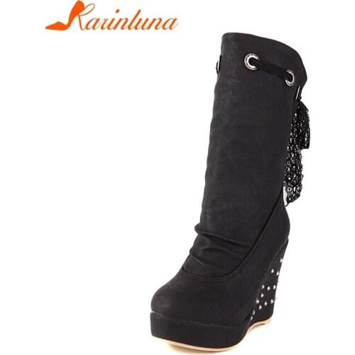 KARINLUNA 2019 New Ladies Wedges High Heels Solid Platfotm Shoes For Woman Casual Winter Mid-Calf Boots Black Big Size 34-43
