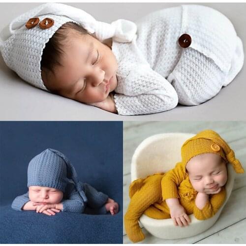 Infant Baby Clothes for Newborns Knitted Rompers Photography Prop Clothing Footed Toddler Romper Button Overalls Hat Set 2pc