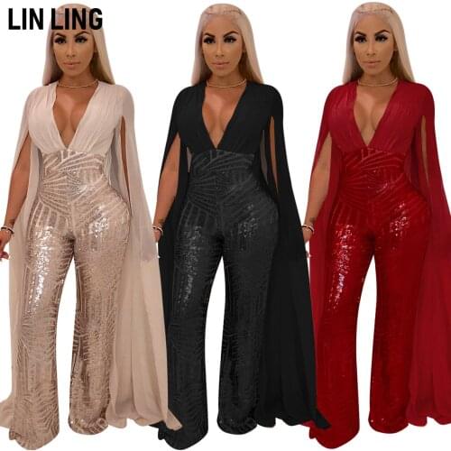 LINLING Deep V Low Cut Long Sexy Open Back Split Mesh Long Sleeve Wide Leg Jumpsuit Sequin Banquet Evening Dress