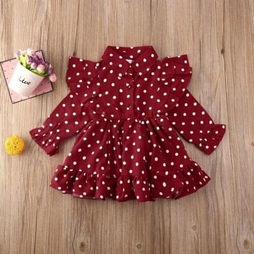 Lovely Toddler Kid Baby Girl Ruffle Long Sleeve Turn-down Collar Dress Single Breasted Dots Party Clothes Dresses