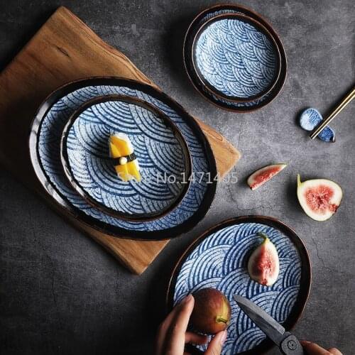 Sea Ripple and Wind Japanese Underglaze Ceramic Plate Breakfast Plate Sushi Plate Vegetable Plate Fruit Plate Cooking Plate