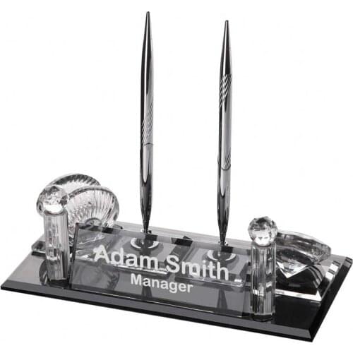 Crystal Glass Desk Name Plate and Pen Desk Stand Set - Personalized Name Plate, Crystal Clock, Custom Engraved Awards, Teachers