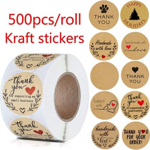 500pcs Kraft Paper Thank You Stickers with Red Heart Handmade Labels Sticker for Business Envelope Sealing Party DIY Decorations