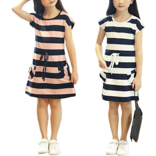 Girls Leisure Dress Horizontal Stripes A Line Short Sleeve Elastic Dress for Outdoor Summer Dress