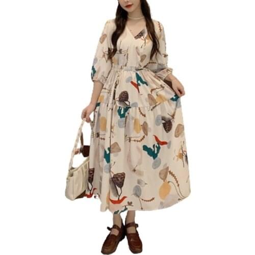 PERHAPS U Bohemian V-Neck Flower Print Puff Sleeve Lace Up Loose Pleated Folds Maxi Ankle Length Dress Holidays Plus Size D3078
