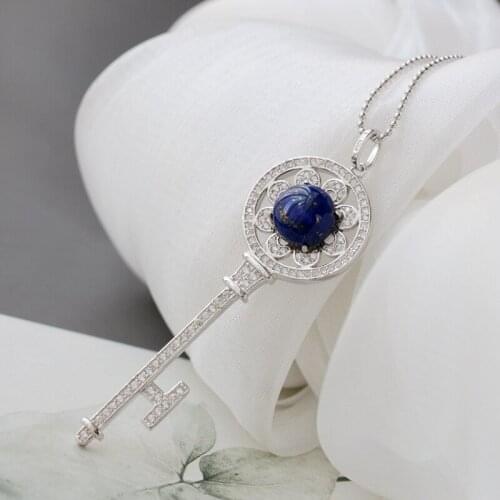 Authentic 925 Sterling Silver Pendant Inlaid Natural Lazurite Lady Fashion Silver Key Pendant National Style Charm Jewelry Gift