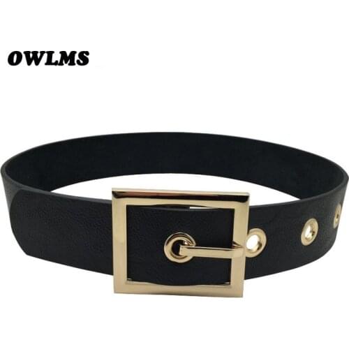Fashion women belts luxury all match black leather HOT high quality big gold pin buckle alloy wide waist strap belt female woman