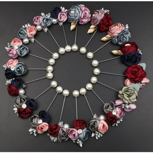 Romantic Wedding Corsages Men Women Cloth Art Pearl Fabric Flower Boutonniere Colorful Brooches Groom Groomsmen Suit Brooch Pin