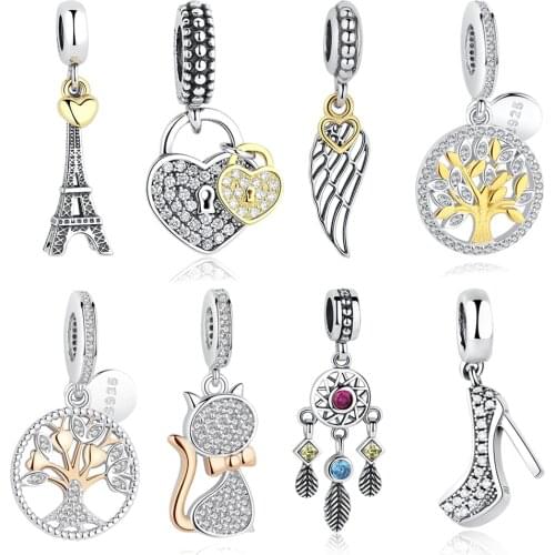 Luxury 925 Sterling Silver Eiffel Tower Gold Charm Heart Cat Beads Fit Original Bracelets & Bangles Pendant DIY Jewelry