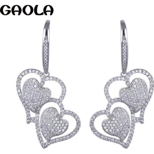 Top Quality Trendy Double Heart White Gold Color Earring Crystal Jewelry Fishook Dangle Earrings Wedding Gift for Woman GLE4165