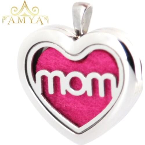 Amya Jewelry 30mm Heart Mom Aromatherapy Essential Oils Stainless Steel Perfume Diffuser Locket Necklace with chain Pads