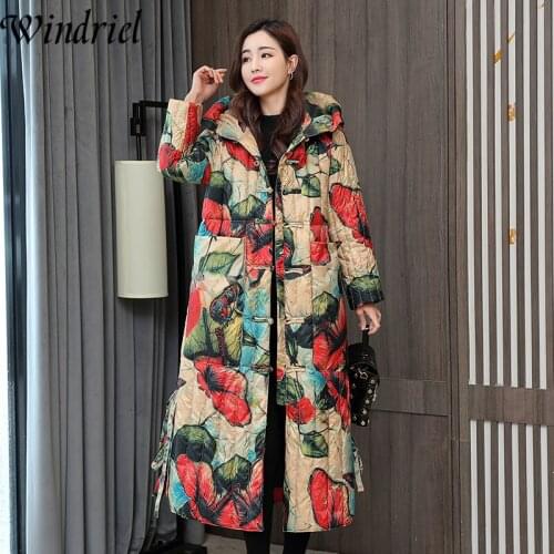 Windriel Fashion Print Warm Parka Women Cotton Padded Jacket Ladies Hooded Snow Parkas High Street Coats Female Oversized S-3XL