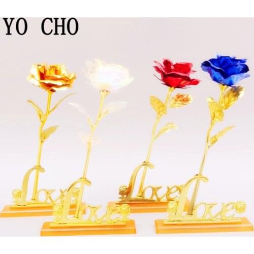 YO CHO 24K Gold Foil Rose Flower for Valentines Day Lover Base Gift Birthday Romantic Golden Rose Home Decor Festive Party Rose