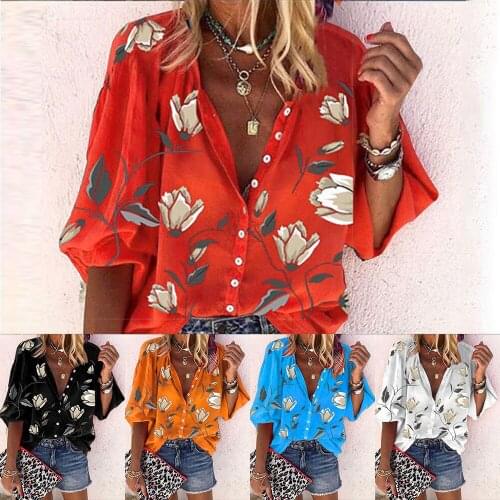 Unif Womens Casual Floral Button Down Summer Shirt Ladies 3/4 Sleeve Blouse T-shirt Fairy Grunge Y2k Top
